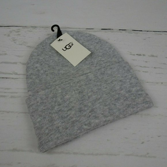New UGG Solid Folded Cuff Beanie Women's Men's Unisex Wool-Blend Logo Gray OS - Picture 2 of 9